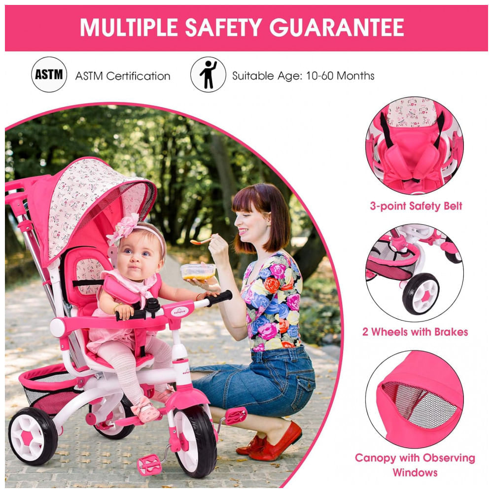Miniatura Triciclo Infantil 4 em 1 com Alça Removível, Sino, Assento Giratório e Cesta de zenamento para Crianças de 1 a 5 ano...