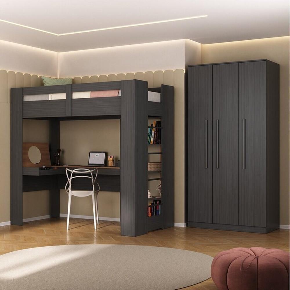 Miniatura Quarto Juvenil Completo com Beliche e Sapateira Seul Espresso Móveis Grafite/Nogal