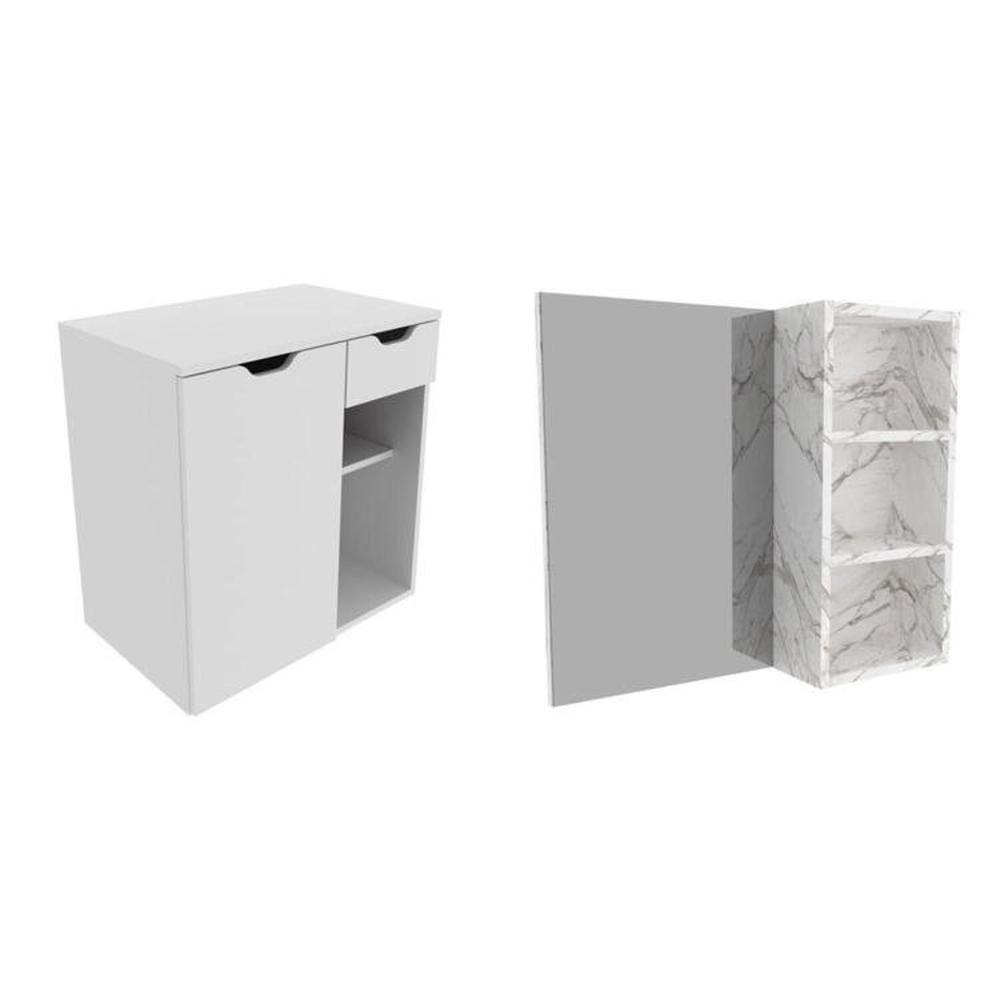 Miniatura Conjunto de Banheiro com Gabinete Suspenso 60cm e Espelheira 3 Nichos Mármore/Branco