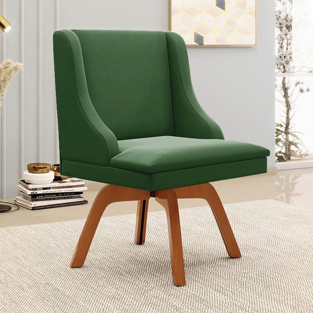 Kit 2 Cadeiras Estofadas Base Giratória De Madeira Lia Suede Verde - Ibiza