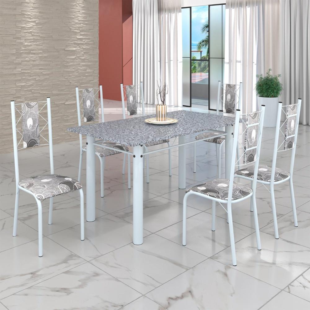Miniatura Conjunto Sala de Jantar Bahia Mesa Tubo 140x75cm Tampo Pedra Granito com 6 Cadeiras Paraopeba/Branco