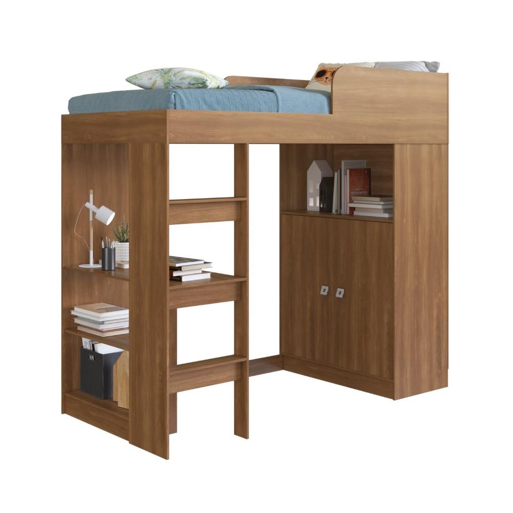 Miniatura Cama Alta Multifuncional Infantil/Juvenil com Armário e Escrivaninha San Francisco Nogal