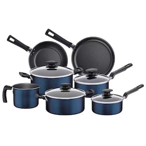 Miniatura Conjunto de Panelas 7 Peças Tramontina Bergamo Antiaderente e Tampas de Vidro - Azul + Faqueiro 12 Peças Leme com Lâminas em Aço Inox - Azul