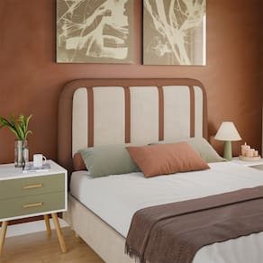 Miniatura Cabeceira para Cama Box Casal Dobuê Leon com Revestimento em Veludo e Corino Caramelo/Bege