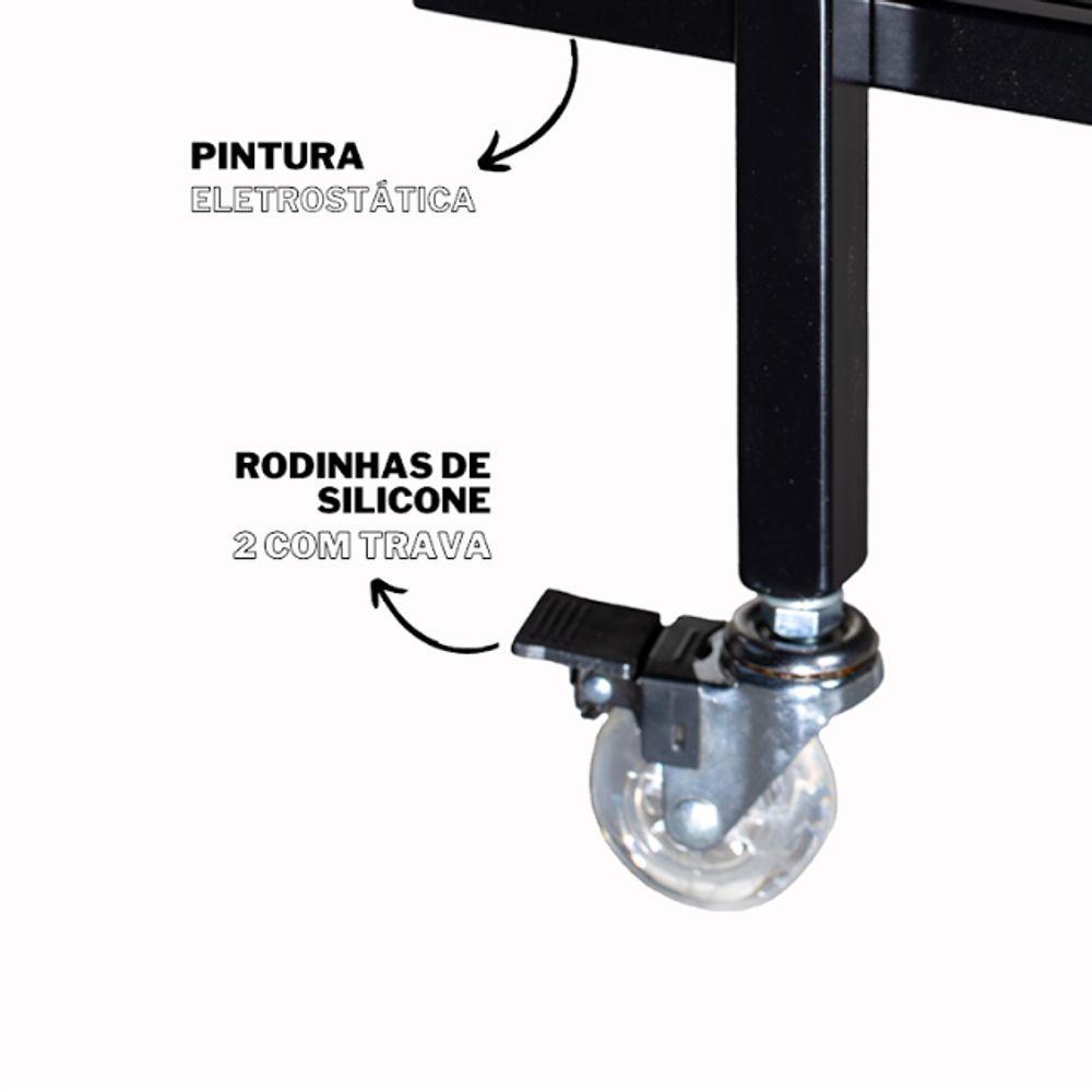 Carrinho Decorativo Multiuso Industrial Preto Com 2 Prateleiras Em Vidro Incolor
