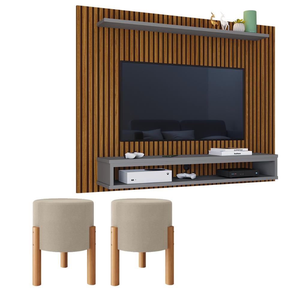 Miniatura Painel Suspenso TV 48 Polegadas Nicho Nairobi Ripado Freijó/Cinza e Kit 2 Puff Banqueta Redonda Multiuso Pés Retrô Thor Bege Sala Quarto