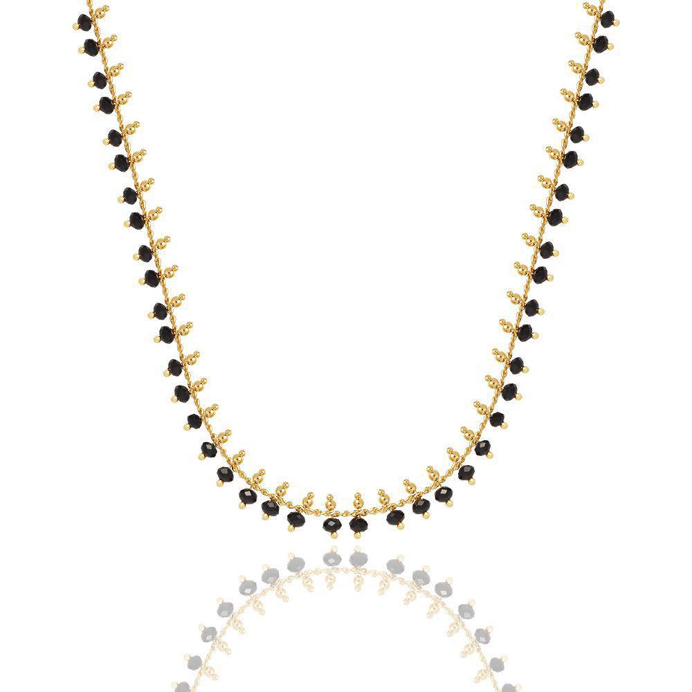 Miniatura Choker Com Miçangas Cristais Preto E Bolinhas Folheado A Ouro 18K