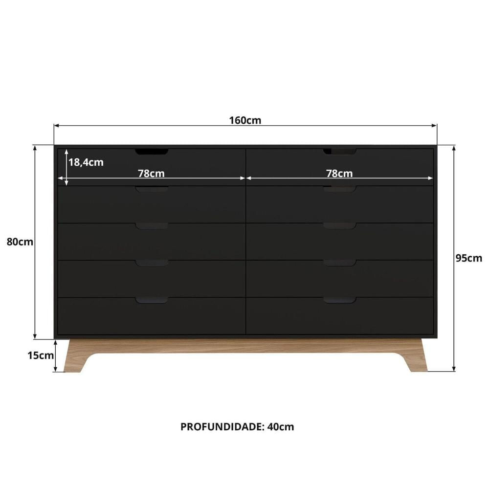 Miniatura Cômoda Alice 10 Gavetas em 100% Mdf Preto/Louro Freijó Grann
