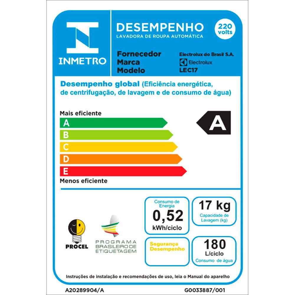 Lavadora de Roupas 17KG LEC17 11 Programas de Lavagem Electrolux Branco - 110V