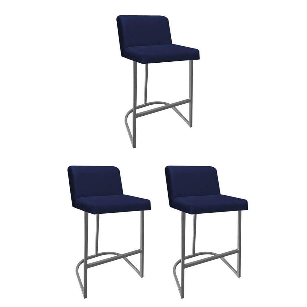 Miniatura Kit 03 Banquetas Com Encosto Bistrô Cozinha Ferro Cinza Sintético Azul Marinho - Ahazzo Móveis