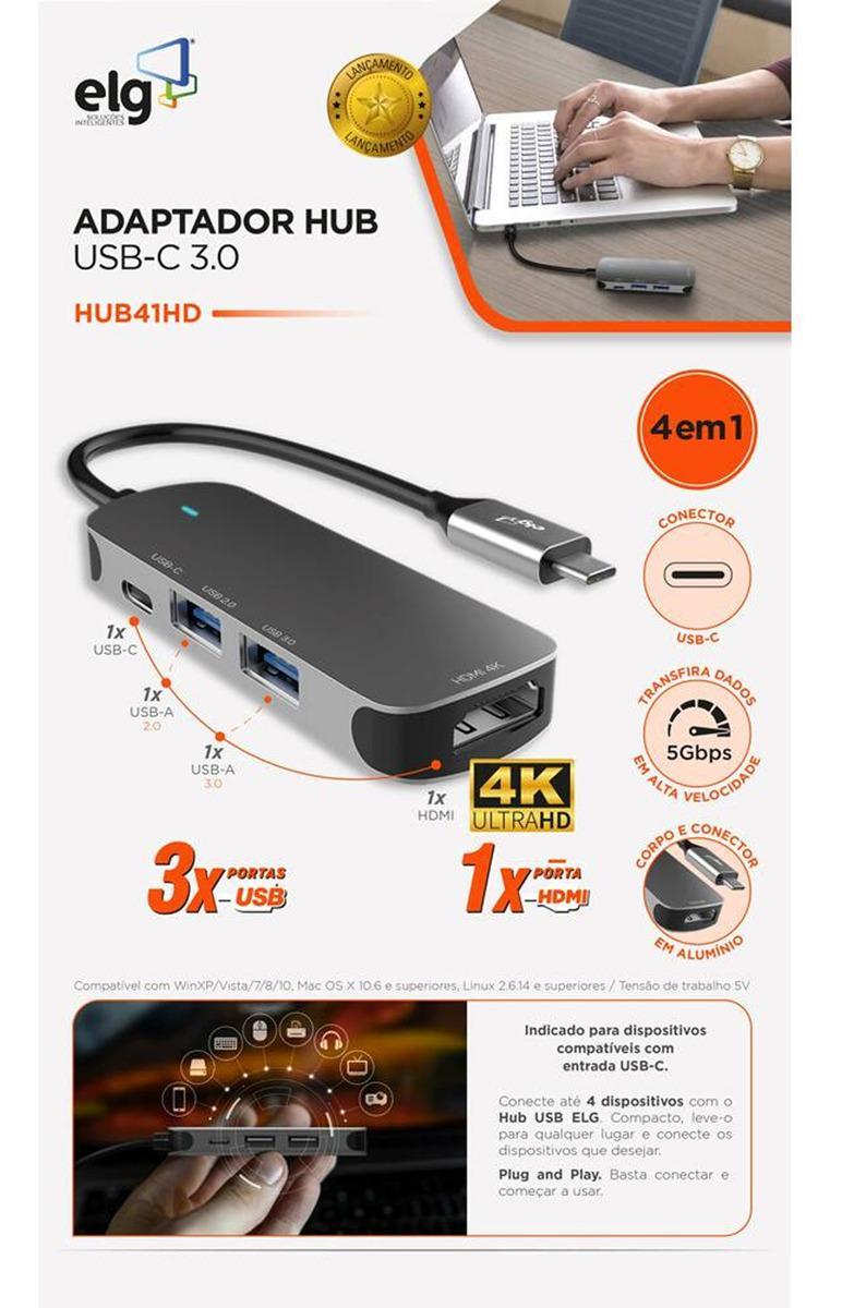 Adaptador Elg Hub Usb 4 Em 1 Tipo-C 3.0 Hdmi - Hub41Hd