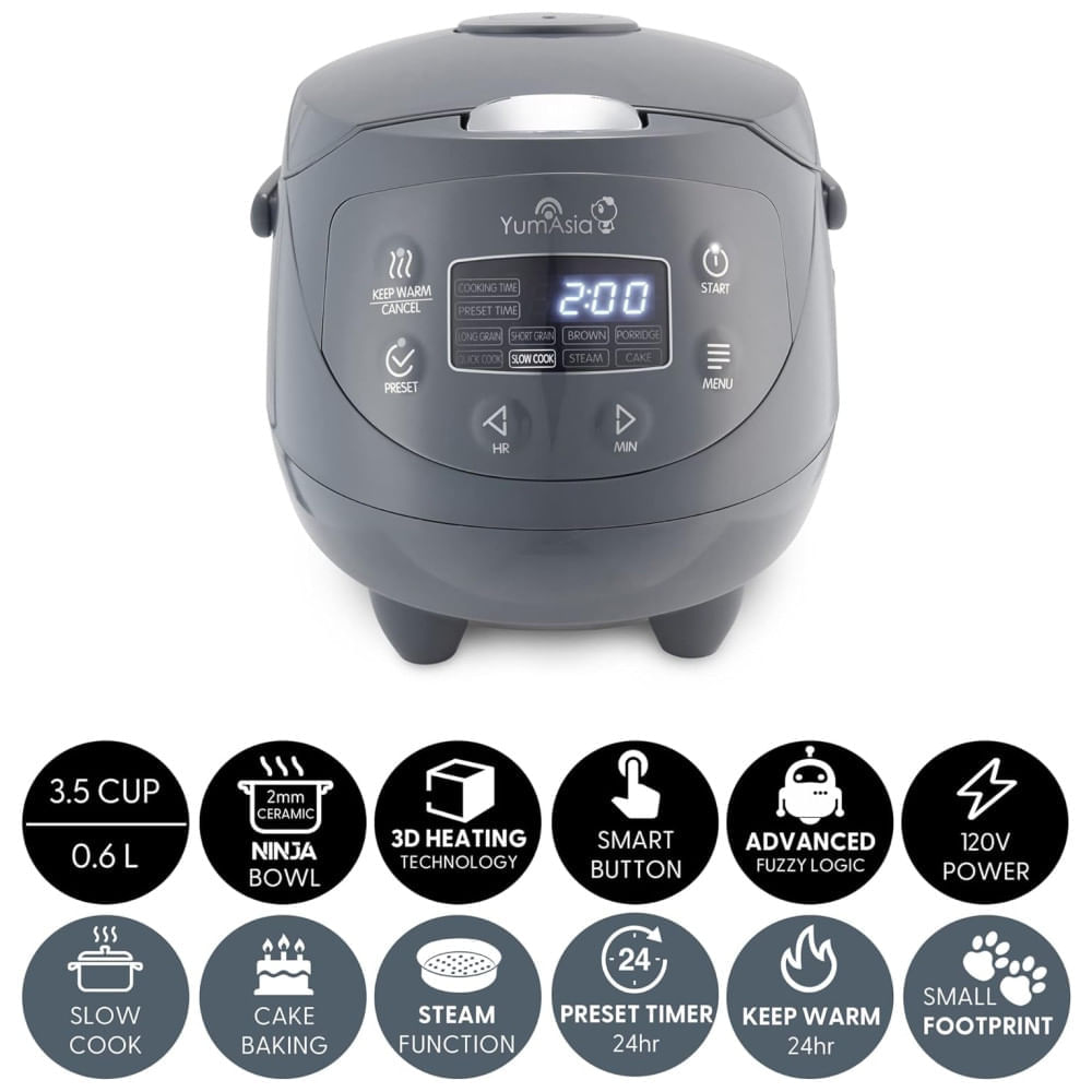 Panela de Arroz Yum Asia Panda Mini com Tigela de Cerâmica Ninja e Lógica Fuzzy Avançada (3,5 xícaras, 0,63L), 4 Funções para Arroz e Multicozinhar.