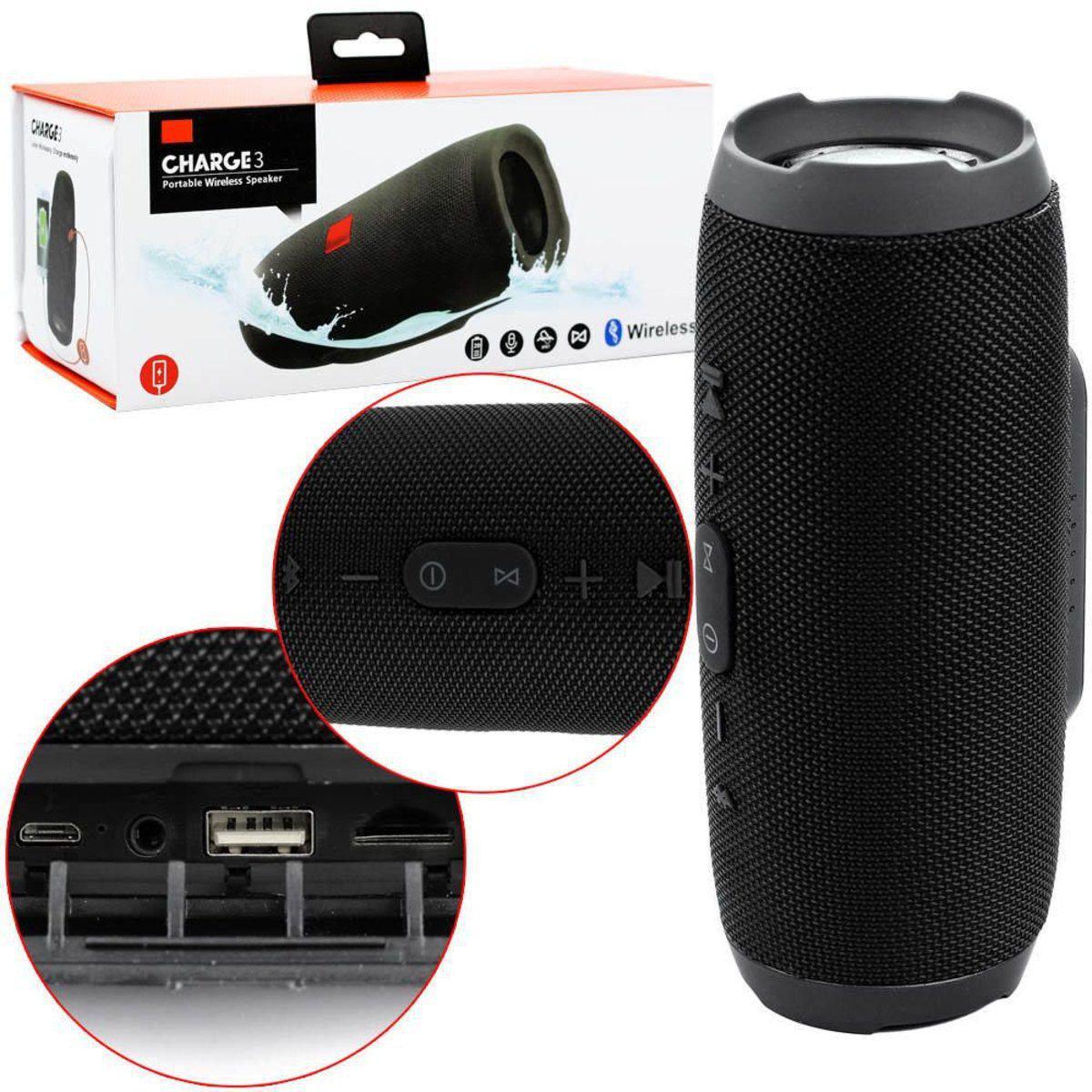 Miniatura Caixa De Som Charge 3 Bluetooth Usb Preta USB - 2.1 - Preto - Caixa