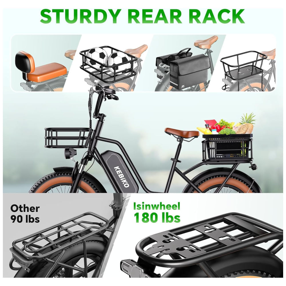 Miniatura Bicicleta Elétrica para 2 Pessoas, Bateria Removível de 48V 20AH, Motor de Pico, Pneu Gordo de 20"x 4.0" para Adultos, Autonomia de 80 Milhas, 30 MPH,