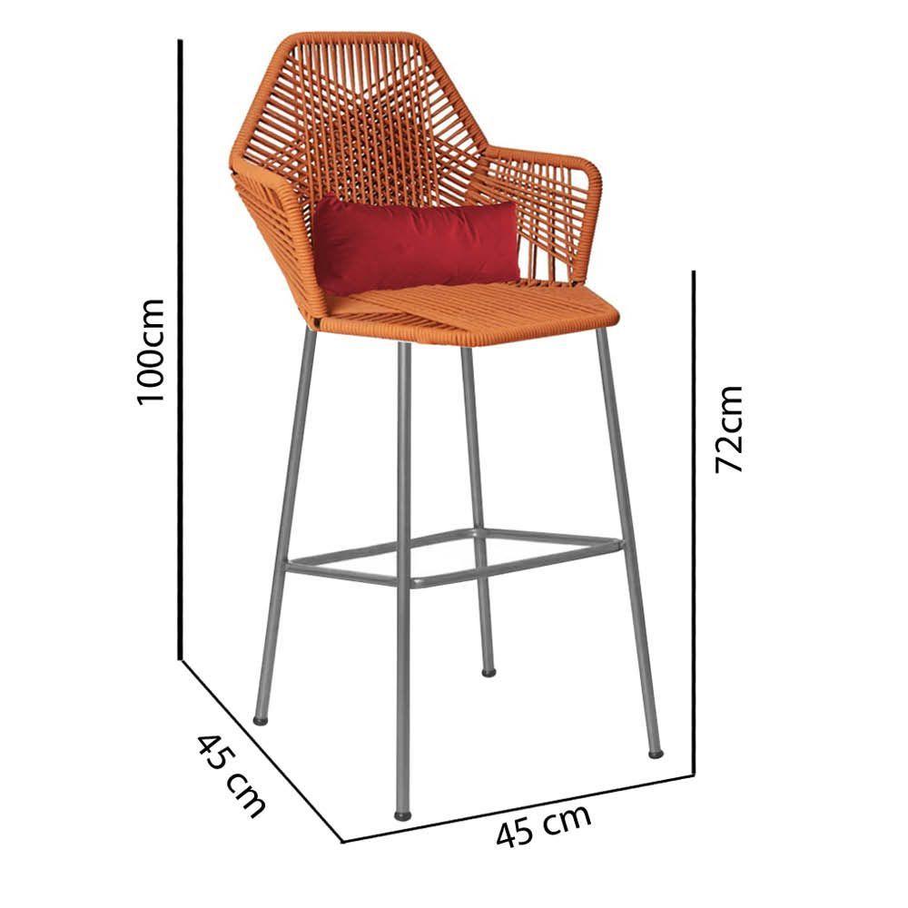 Miniatura Banqueta Alta Com Encosto Ferro Prata Fibra Terracota Almofada Vermelho