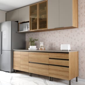 Miniatura Cozinha Bartira Cristal com 8 Portas, 2 Gavetas, 5 Prateleiras e Nicho para Micro-ondas - 300cm de Largura Lâmina Mel e Nude