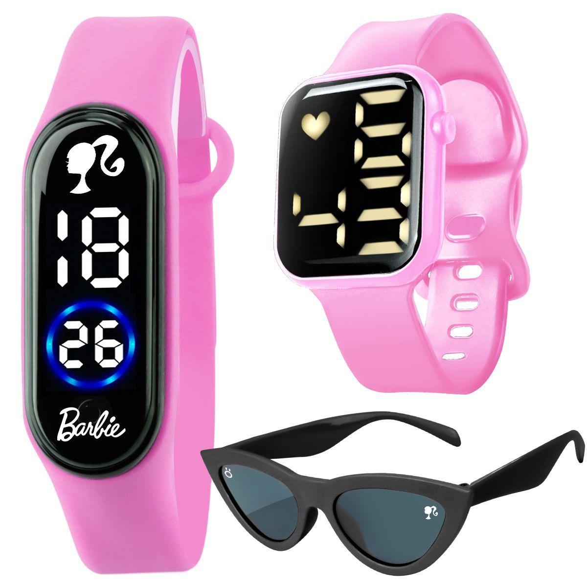 Miniatura Relogio Digital Infantil Rosa Barbie + Oculos Proteção Uv