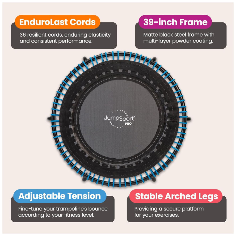 Miniatura 350 Pro Indoor Hovery Duty Trampoline. 39 polegadas 36 Cordas ENDUROLAST PREMIUM 4 Bounce personalizado com 7