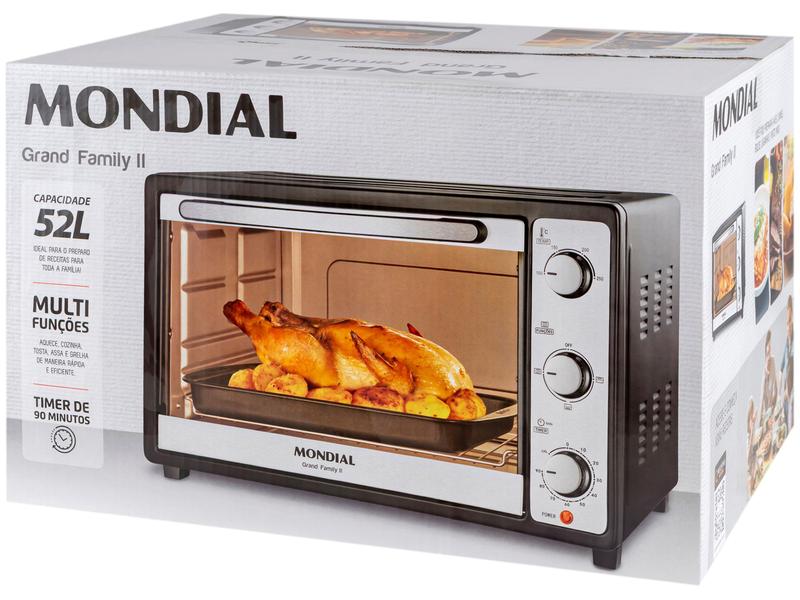 Forno Elétrico de Bancada Mondial Multifuncional 52L Preto e Prata Grand Family II FRN-52-B Preto e Inox - 110V