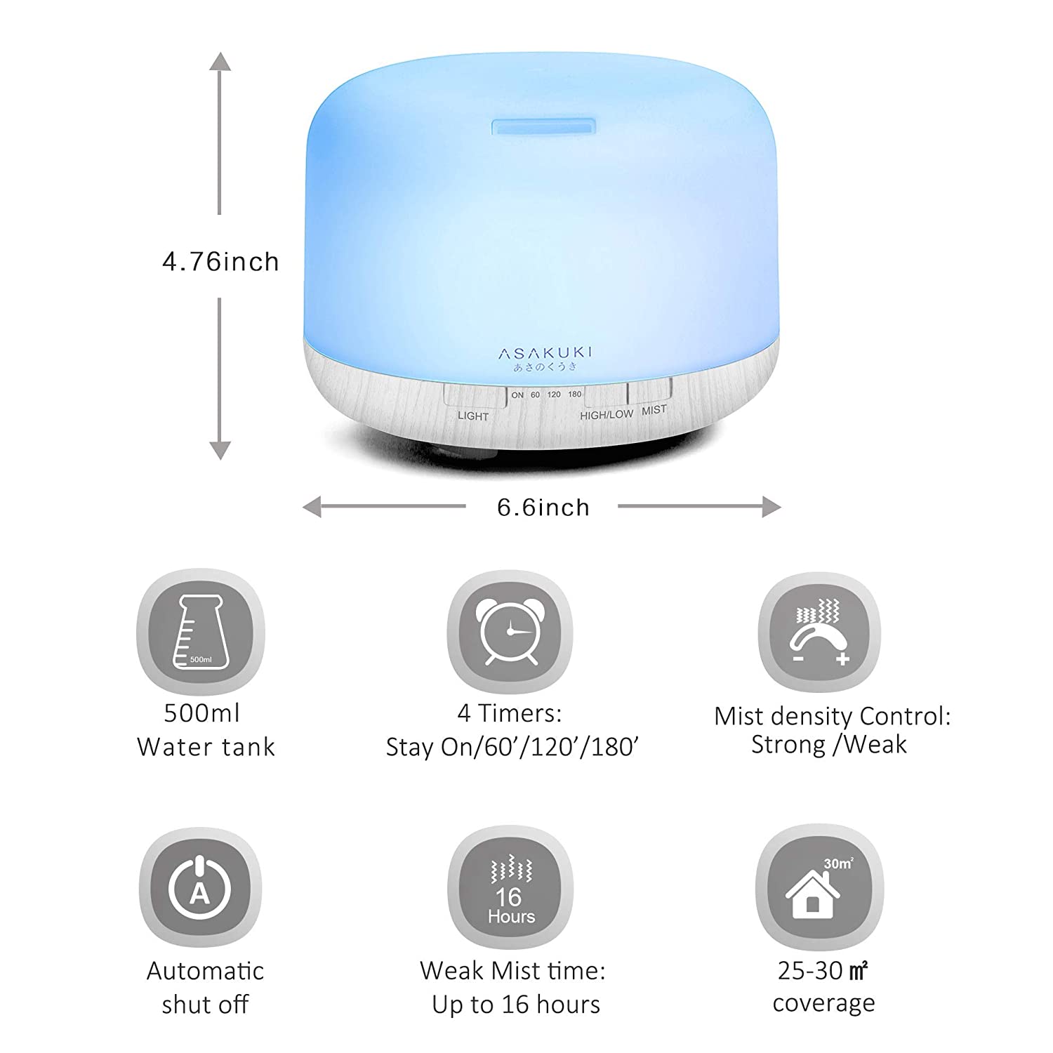 ASAKUKI Umidificador Ultrassônico Portátil 05L com A romaterapia e 7 Luzes LED até 3H Área 27m2 110V Branco
