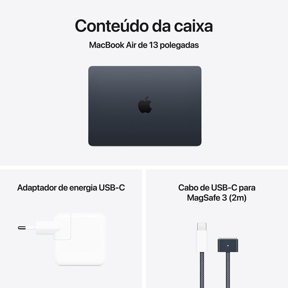 Apple Macbook Air 13", M4, com CPU de 10 núcleos, GPU de 10 núcleos, 16GB RAM, 512GB SSD - Meia-noite