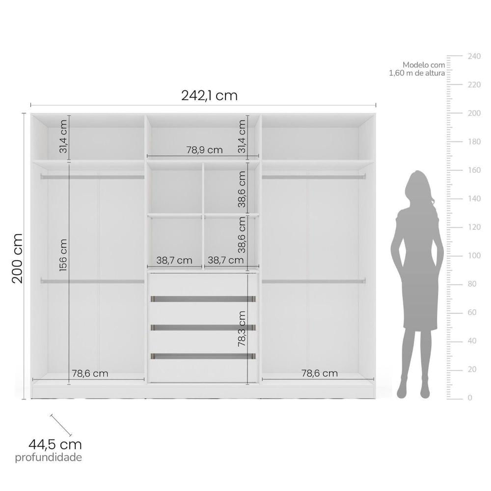 Miniatura Guarda Roupa 6 Portas 4 Gavetas com Espelho Lisboa Branco/Cinza