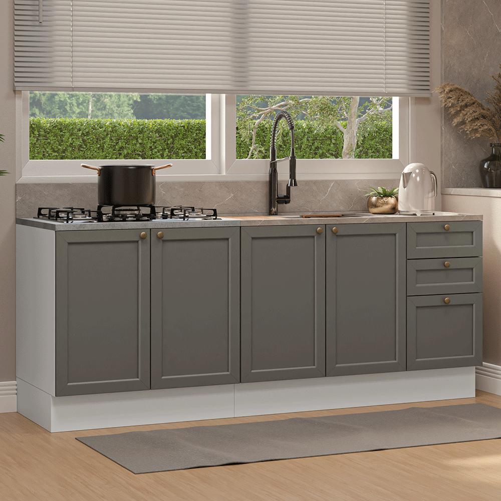 Miniatura Kit com 2 Balcões de Cozinha 3 Gavetas 4 Portas (Sem Tampo e Pia) Branco/Cinza Vik Madesa 01 Branco/Cinza