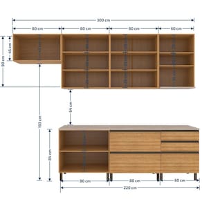 Cozinha Completa Bartira Cristal 300cm com 8 Portas 5 Gavetas e Nicho Micro-ondas Lâmina Mel e Nude