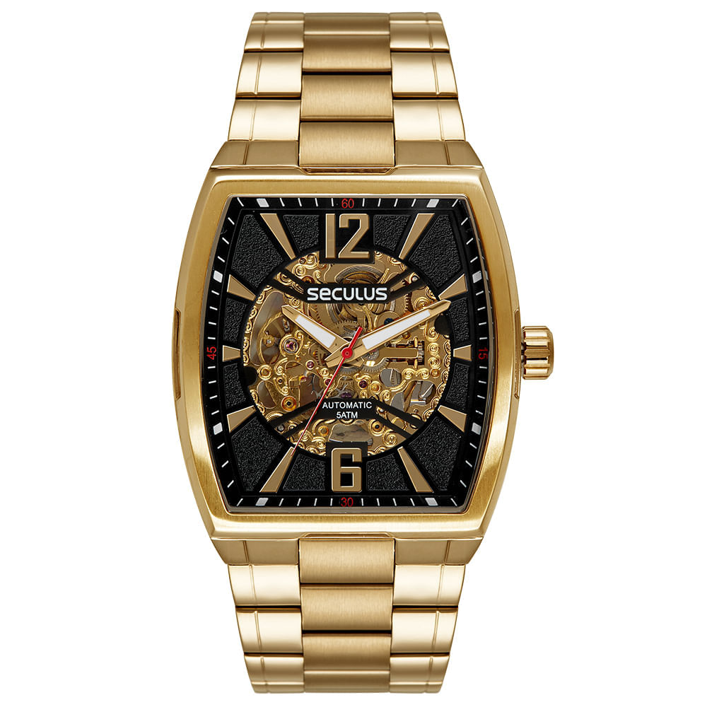 Relógio Masculino Automático Aço Vidro Abaulado Dourado