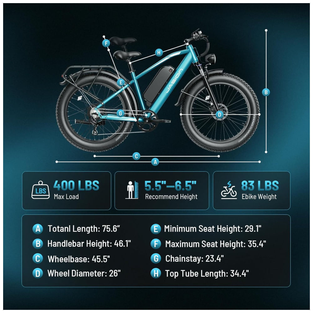 Miniatura Bicicleta Elétrica Jasion EB5 MAX para Adultos com Motor de Pico de 1500W, Bateria de 48V 15Ah 720Wh, Bicicleta Elétrica de Montanha com Pneus 26 x 4,