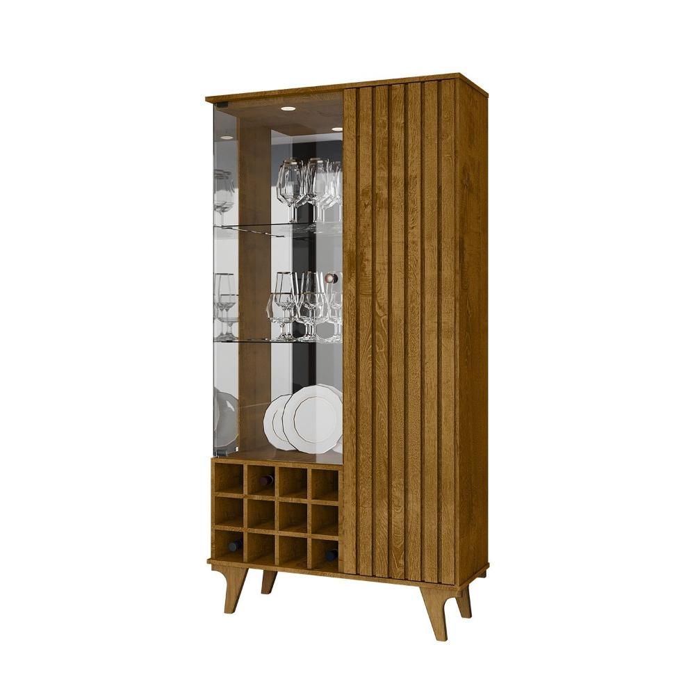 Miniatura Cristaleira Elba Ripado Real Portas de Vidro Pés de Madeira Maciça 12 Nichos Garrafeiros Naturalle