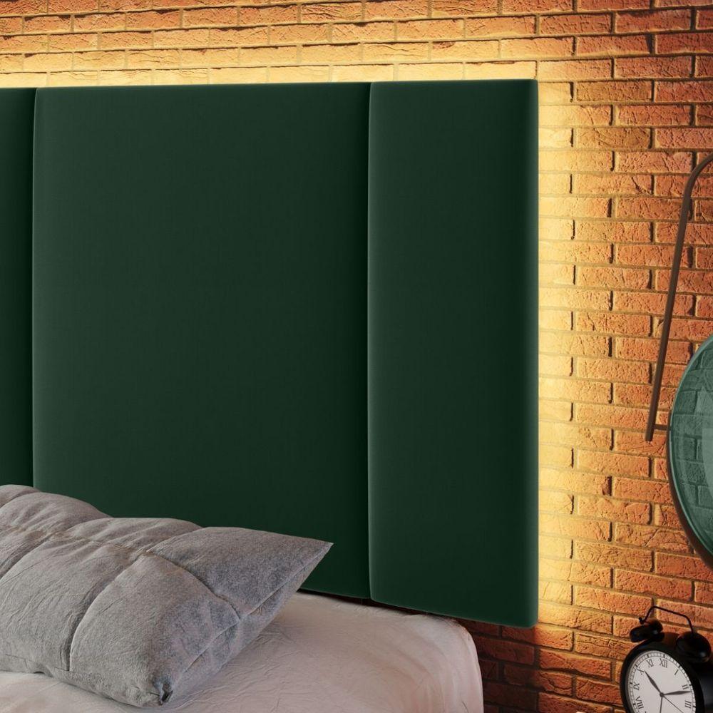 Cabeceira Estofada Cama Casal Queen Size Led Moderna 160 Cm Veludo Verde