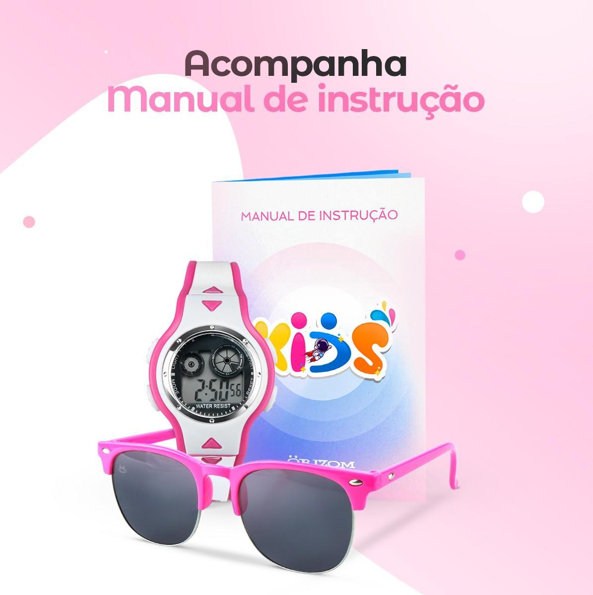 Kit Relógio Digital e Óculos Rosa Orizom Kids - Pulseira Ajustável, Tela Clara, Proteção UV - Di Fiore Store