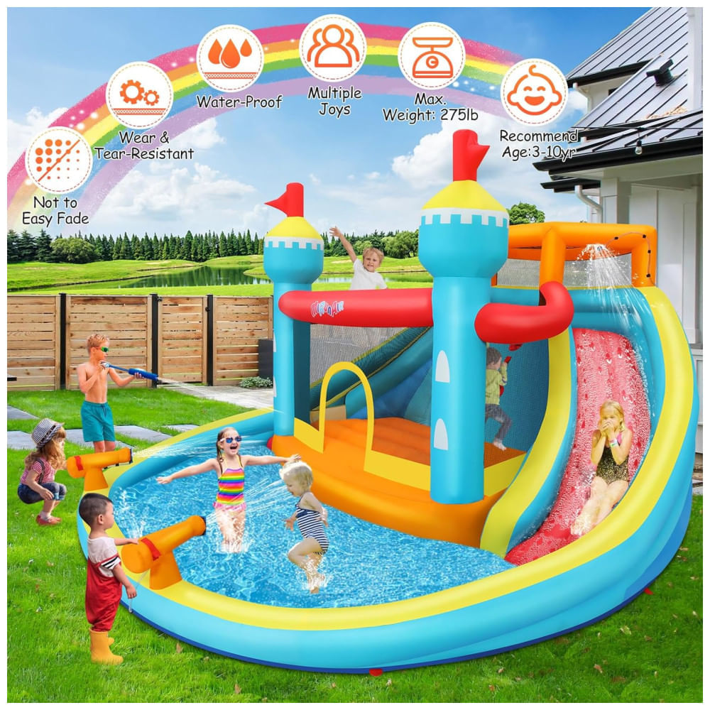Miniatura Parque Aquático Inflável Whubefy de 4,3x4,2m para Crianças - Casa de Pula-Pula com Piscina, Escorregador e Área de Salto - Diversão no Quintal.