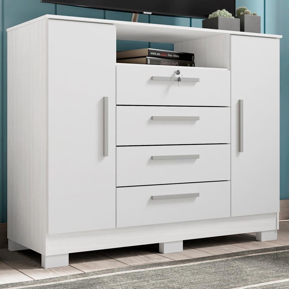Comoda Rack 2 Portas 4 Gavetas Madri 121 Cm Branco Incp