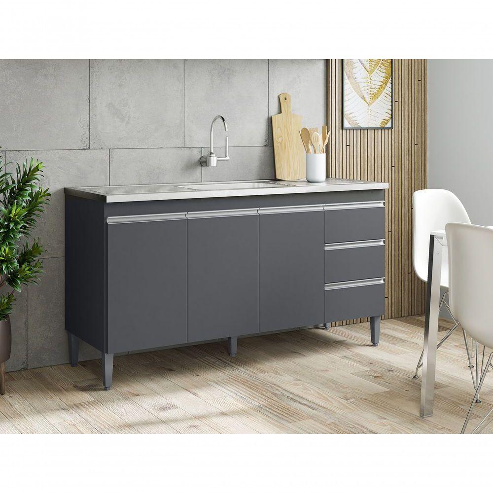 Miniatura Balcão Armário Gabinete Para Pia Andreia S-tampo 150cm 3 Portas 3 Gavetas Cinza Fosco