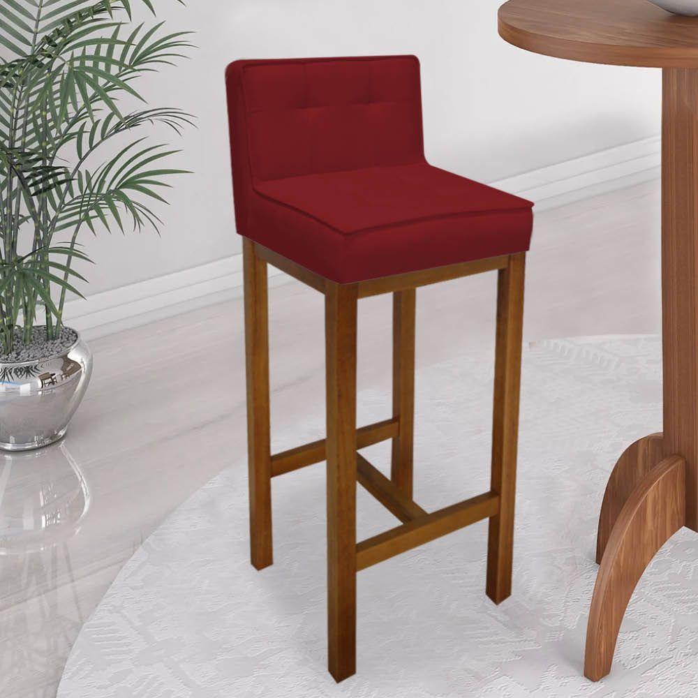 Miniatura Banqueta Alta Com Encosto Alba Cozinha Balcão Bistrô Base Madeira Carvalho Suede Vermelho