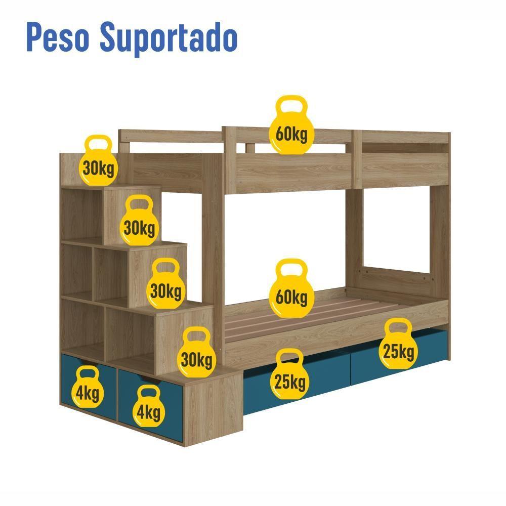 Cama Beliche Infantil Bicama Menino Menina 2,32m Com Escada, Nichos E Gavetas Com Rodas Aveiro Com Azul