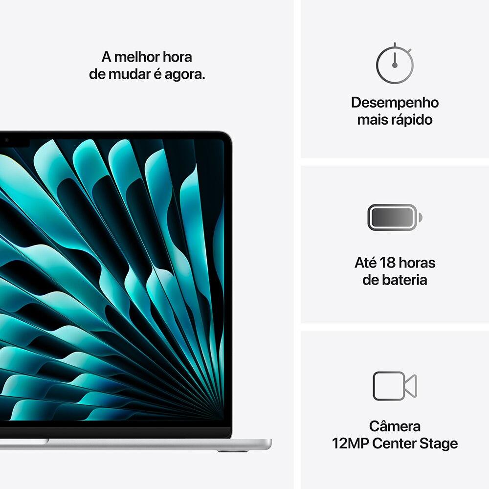Apple Macbook Air 15", M4,  com CPU de 10 núcleos, GPU de 10 núcleos, 16GB RAM, 256GB SSD - Prata