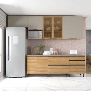 Miniatura Cozinha Bartira Cristal com 8 Portas, 2 Gavetas, 5 Prateleiras e Nicho para Micro-ondas - 300cm de Largura Lâmina Mel e Nude