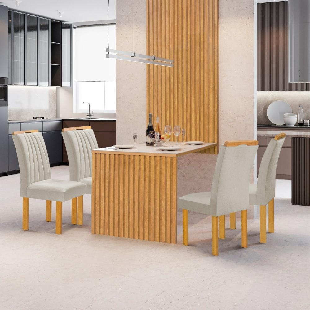 Miniatura Conjunto Mesa Bella Ripada 120cm com 4 Cadeiras Arizona Tampo Bella com Vidro Cinamomo/Off White/Veludo Bege Claro