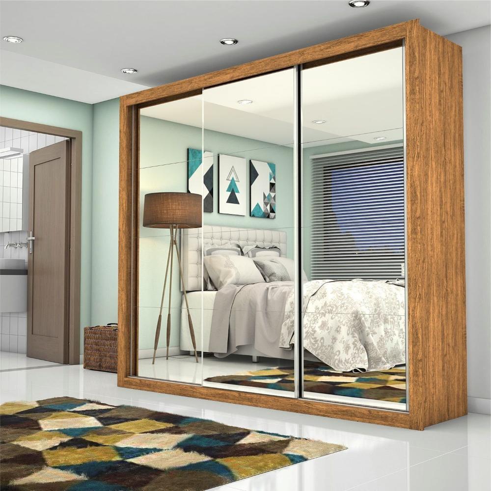 Miniatura Guarda Roupa Casal com Espelho 3 Portas de Correr Ilheus Premium Cinamomo-Branco