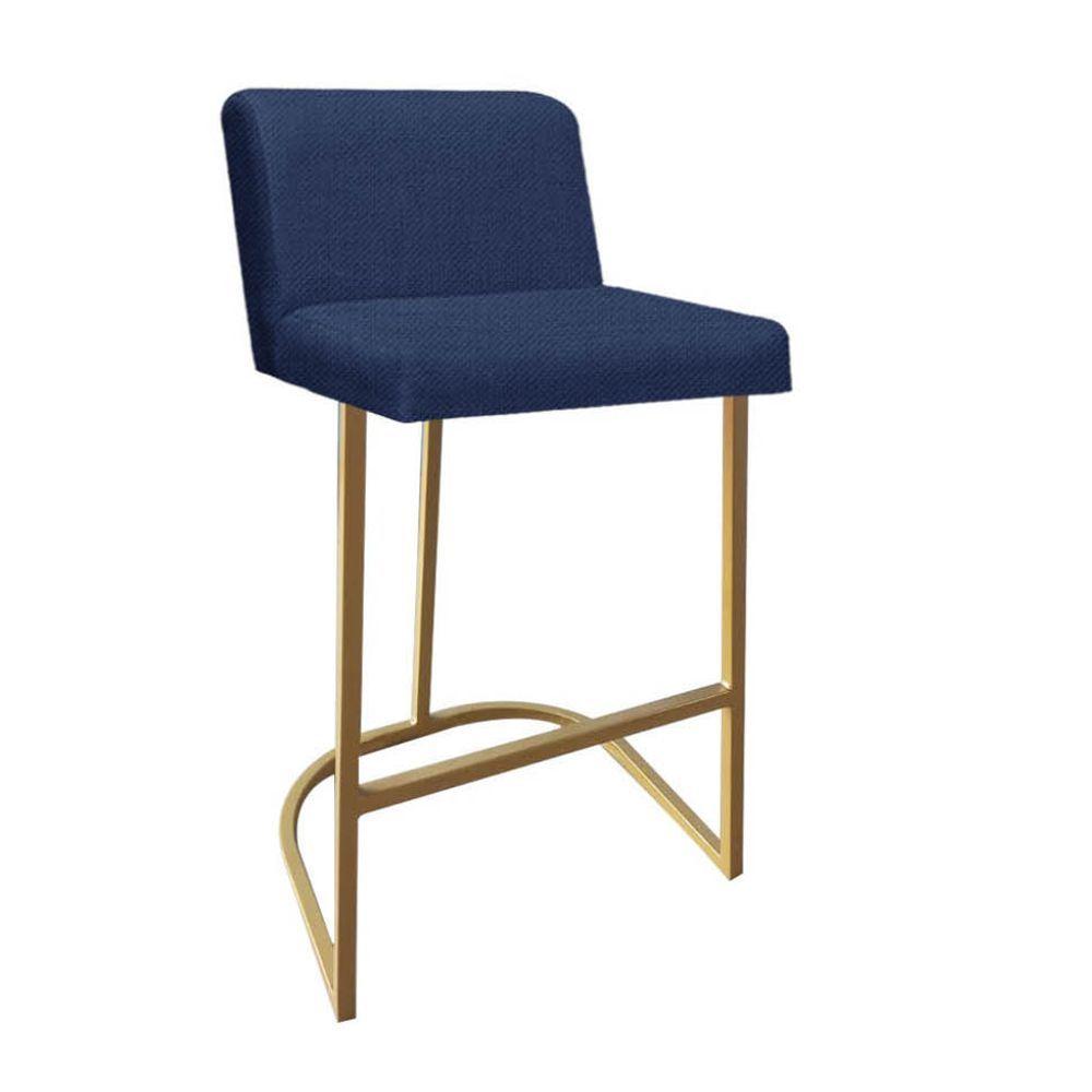 Miniatura Banqueta Com Encosto Noah Luxo Confort Bistrô Cozinha Ferro Dourado Linho Azul Marinho - Amey Decor