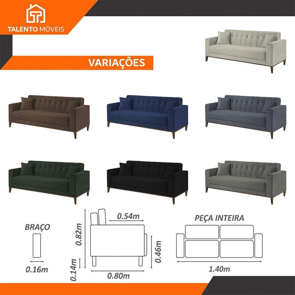 Miniatura Sofa Liverpool 3 Lugares 195 Cm Base Madeira Talento Móveis Veludo Paris Cinza