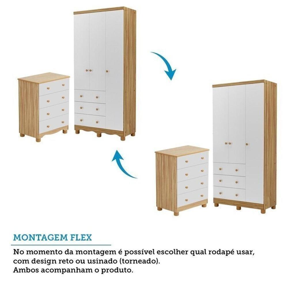 Quarto de Bebê Completo com Guarda Roupa 3 Portas Cômoda e Berço 100% Mdf Mimo Espresso Móveis Branco Brilho/Amêndoa