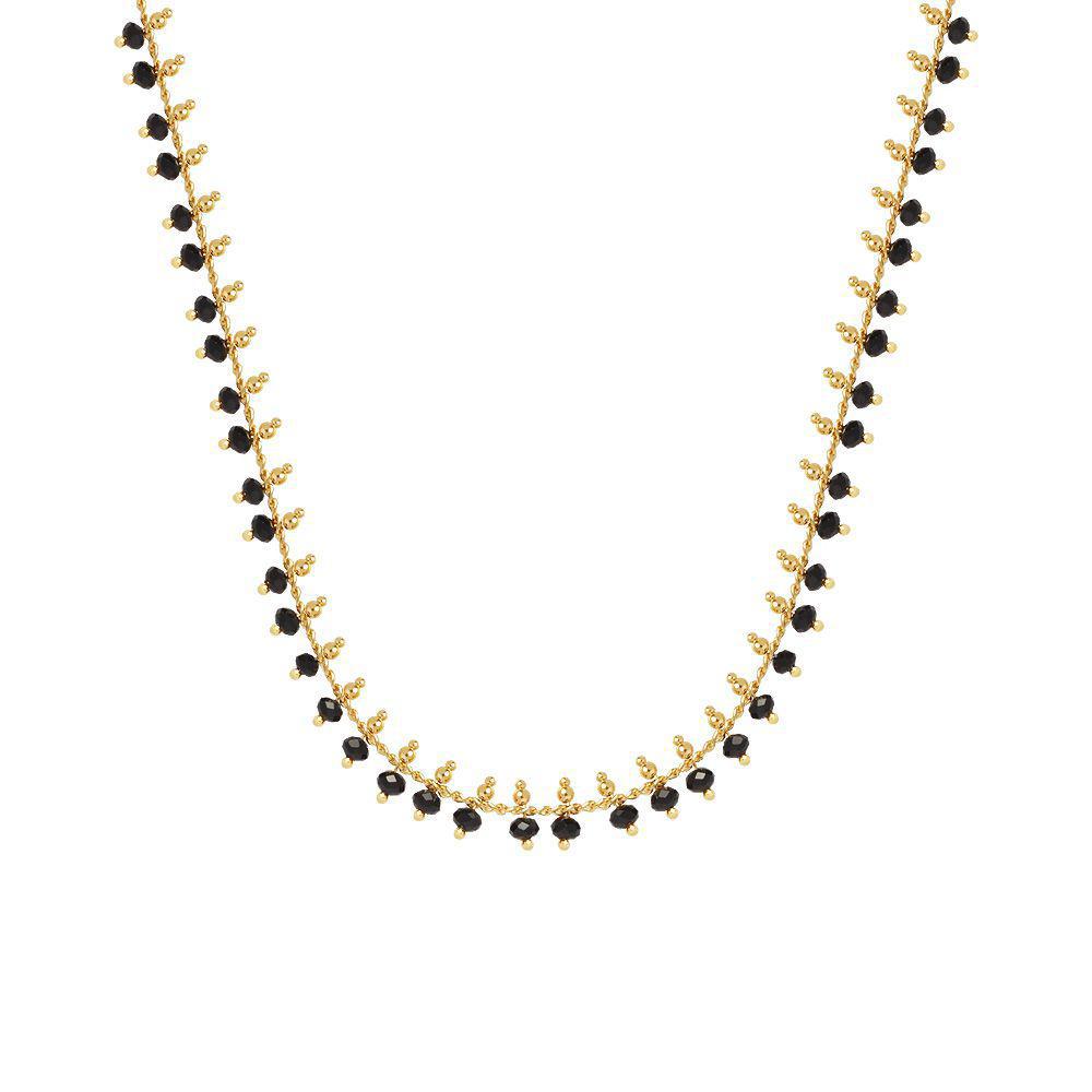 Miniatura Choker Com Miçangas Cristais Preto E Bolinhas Folheado A Ouro 18K
