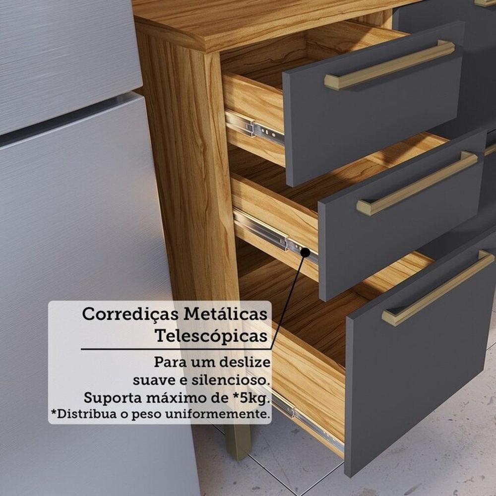Cozinha Modulada Completa 5 Peças 8 Portas e Vidro Reflecta 280cm 100% MDF Vicenza Espresso Móveis Amêndoa/Chumbo