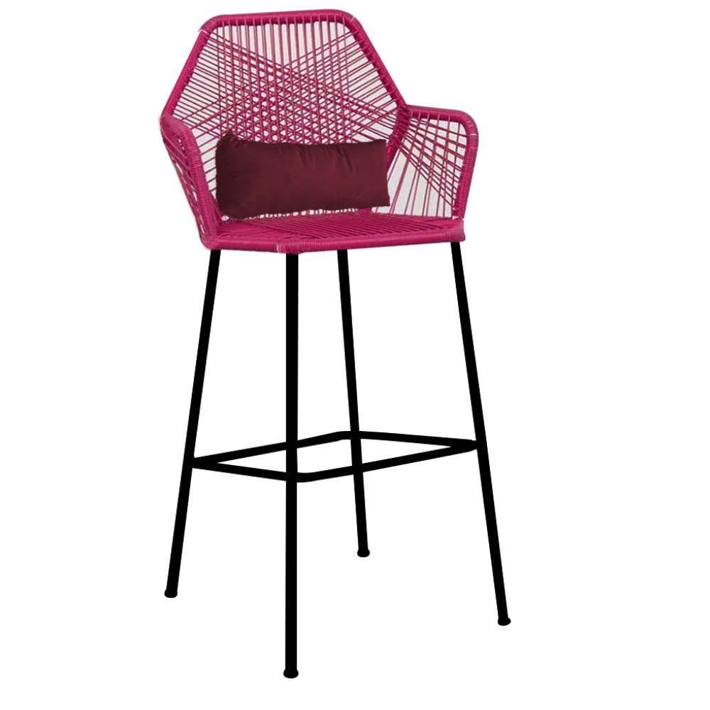 Miniatura Banqueta Alta Com Encosto Ferro Preto Fibra Pink Almofada Bordô
