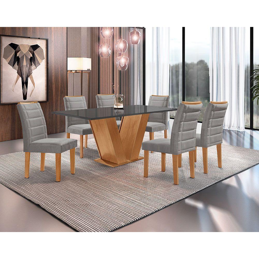 Miniatura Conjunto Mesa 160x80 Com Tampo Em Vidro 6 Cadeiras Grafite