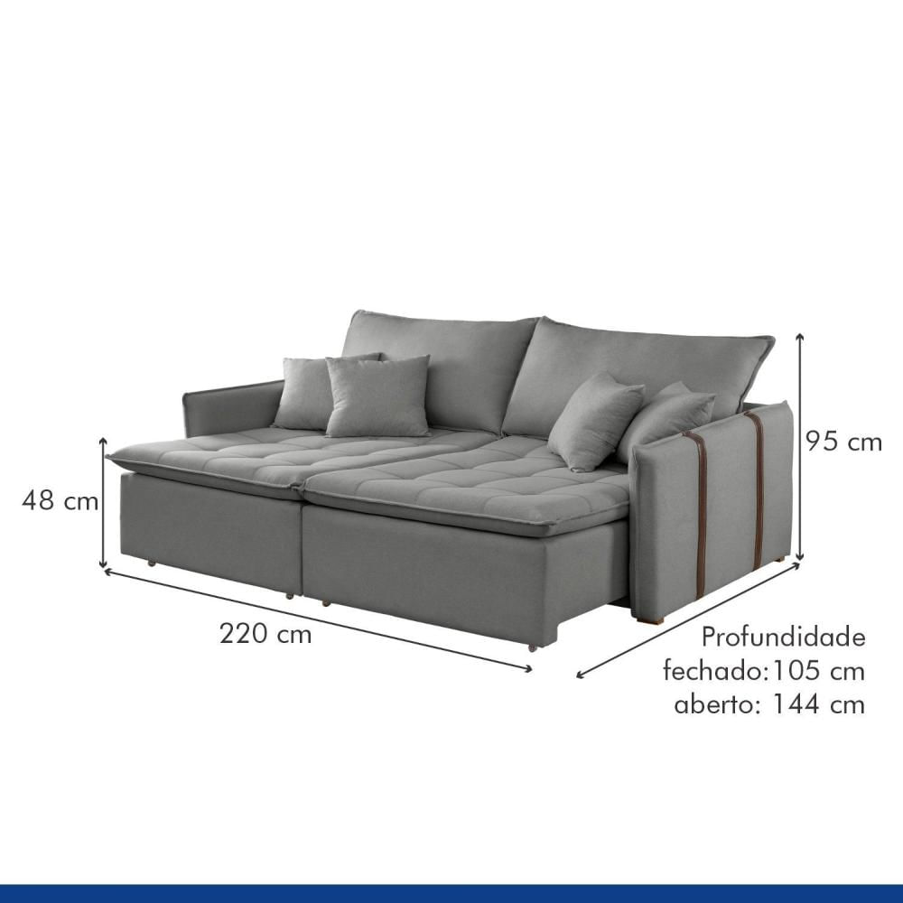 Miniatura Sofa Cama Retratil e Reclinavel 220cm Detroid Yescasa Linho/Cinza